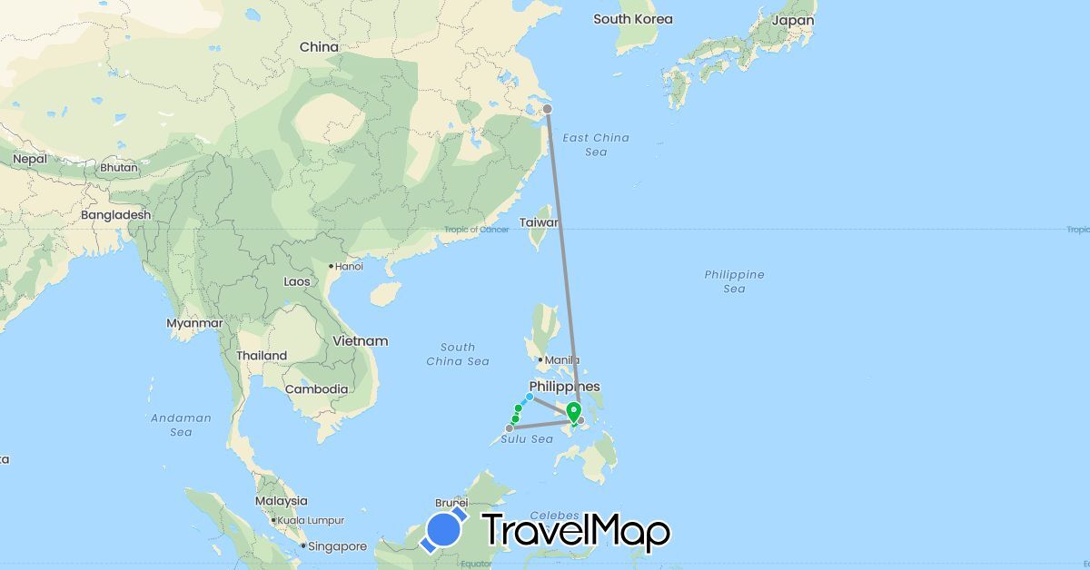 TravelMap itinerary: driving, bus, plane, boat in China, Philippines (Asia)
